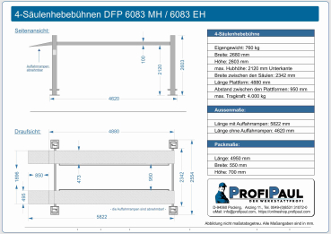 DFP 6083 EH 4.0t 4-Säulen Hebebühne 2120mm